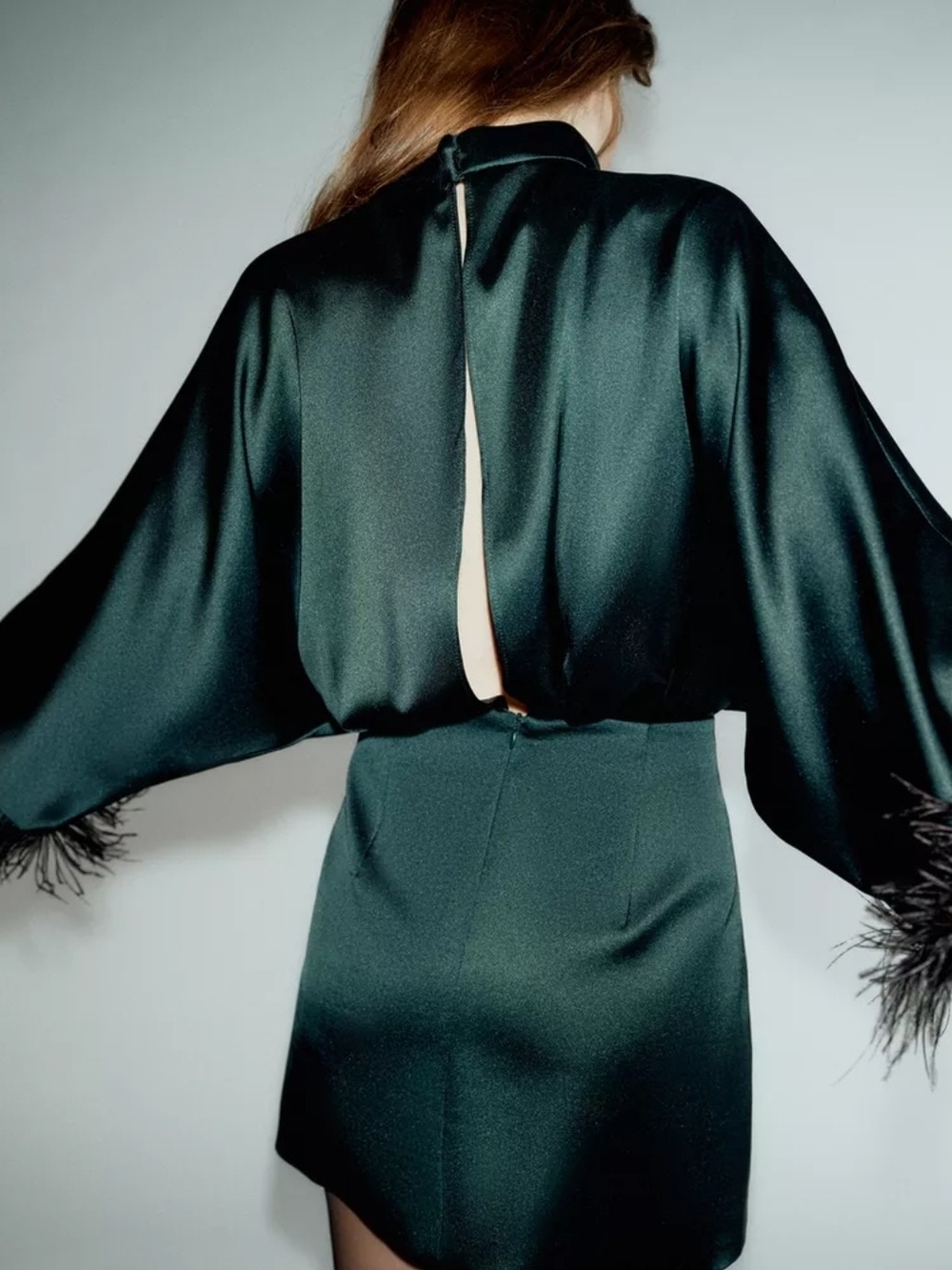 Zara Feather Satin Effect Short Dress in Deep Green - Picture 5 of 10